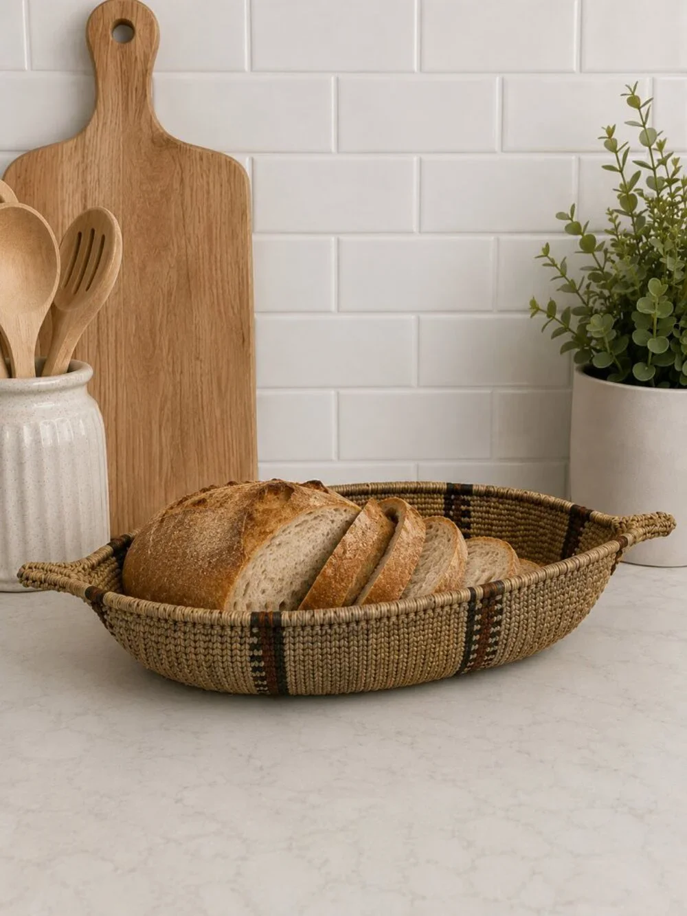 Vintage Ethiopian Handwoven Seagrass Canoe Bread Basket Boho Woven Tray